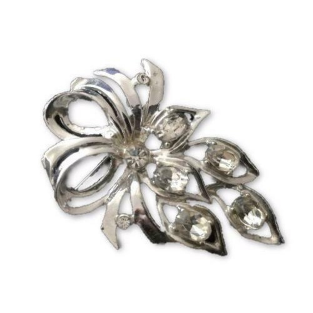 Vintage Floral Bouquet w/ Bow Silver Plated Clear Oval Rhinestone Brooch Pin